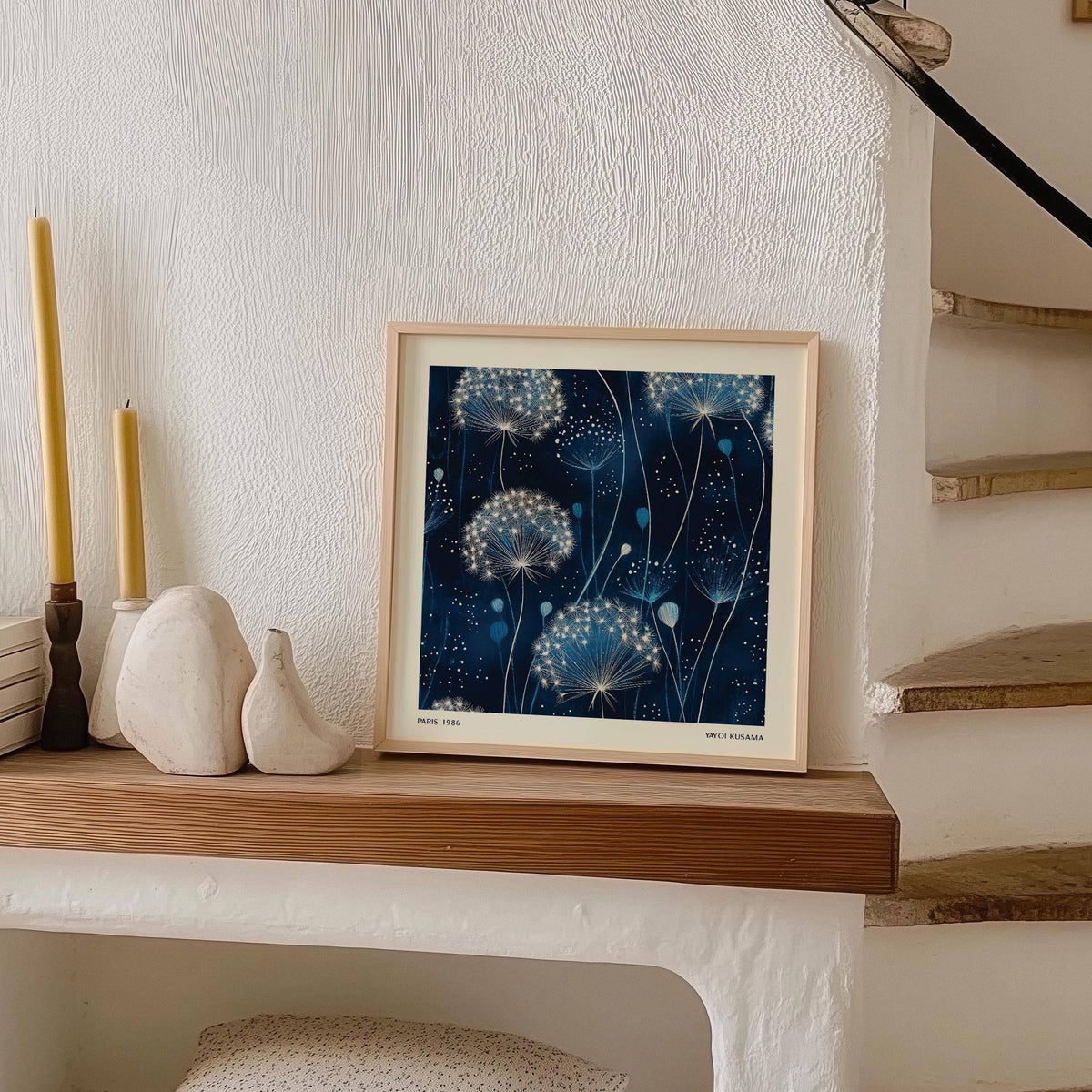 Creative space styled with tranquil blue art work decor