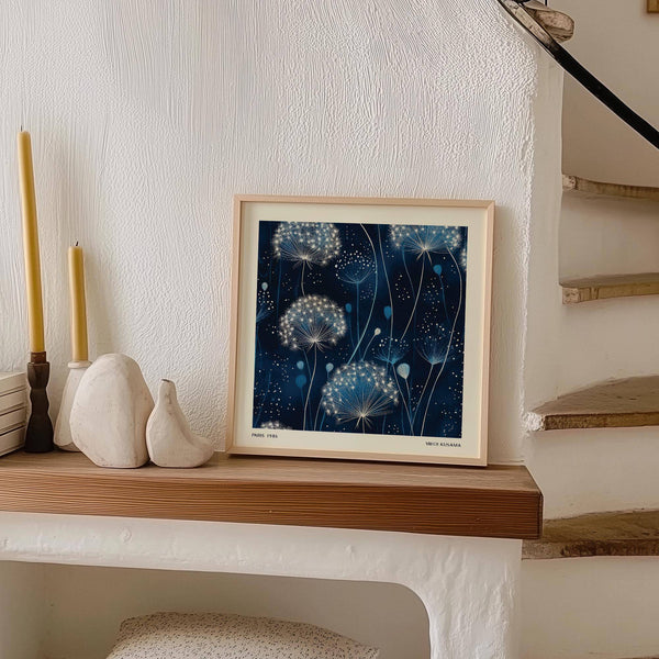 Creative space styled with tranquil blue art work decor