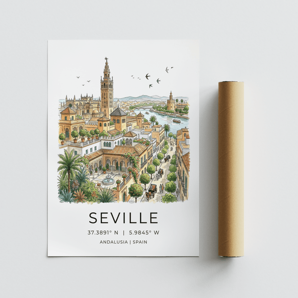 Hand-drawn style city wall art print of Seville with tower, courtyards, and birds