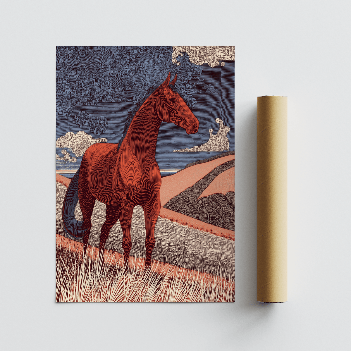 Linework horse print framed by curls and horizontal striations