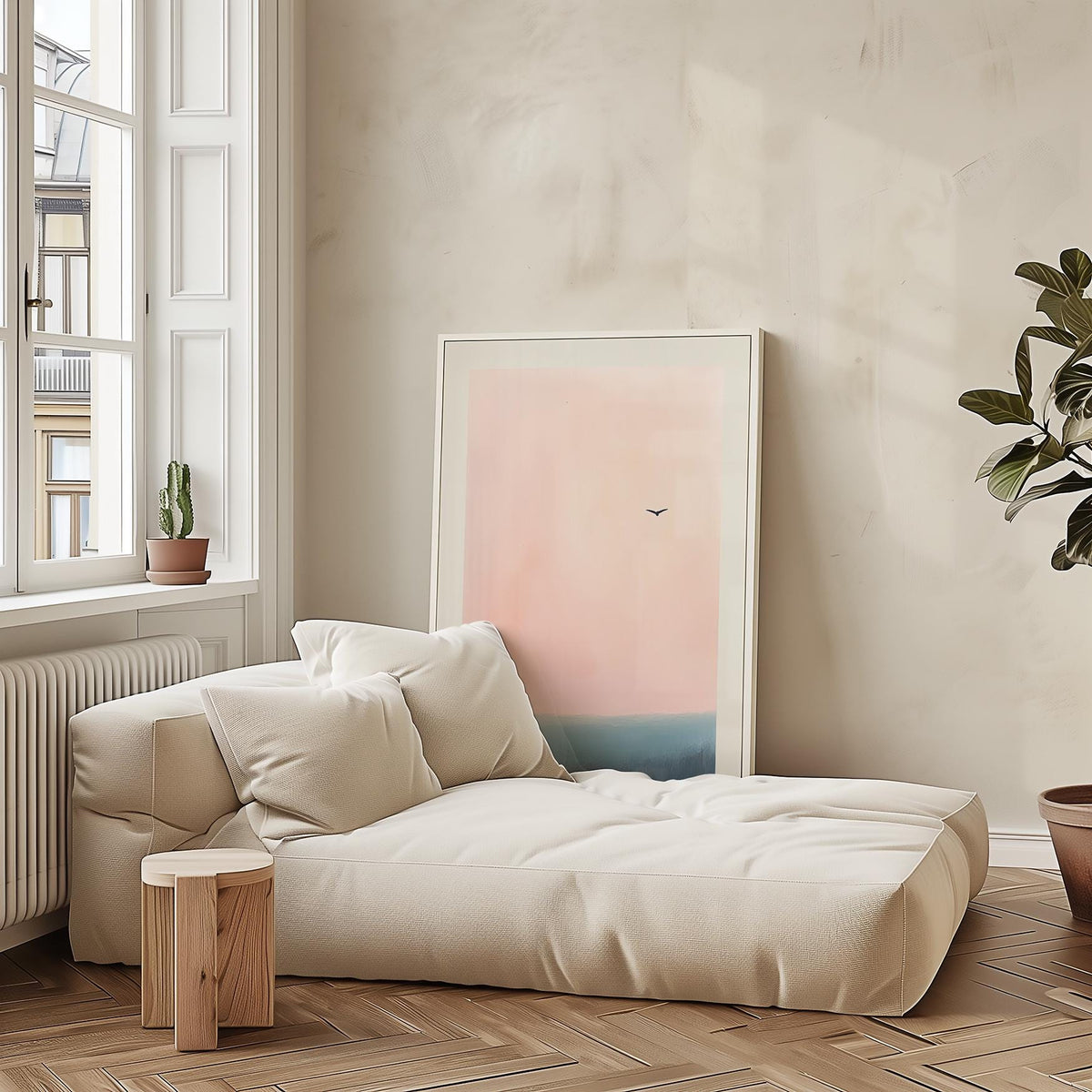 Minimalist pink and blue wall art print with soft painterly texture.