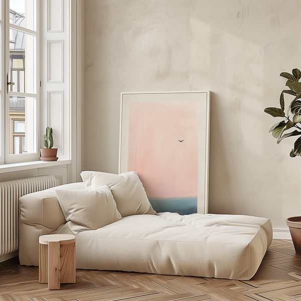 Minimalist pink and blue wall art print with soft painterly texture.