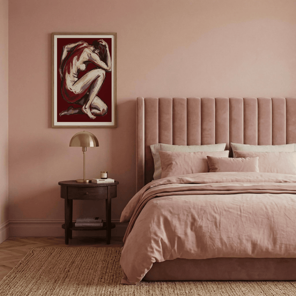 Dynamic nude figure poster with layered shapes and curved silhouette