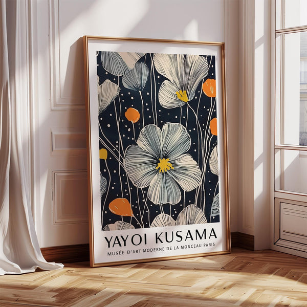 Large Flower Wall Art with cream petals and orange accents on a navy background.