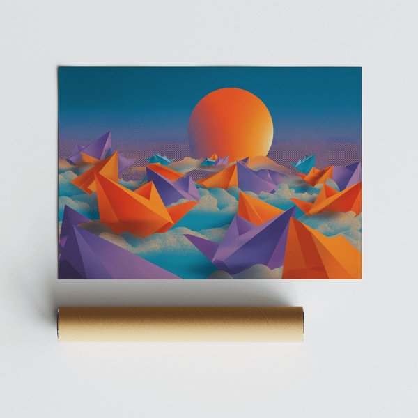 Origami Wall Art with bold orange and blue design for dining area print