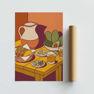 Art print of tacos with Orange background and Green garnish for kitchen