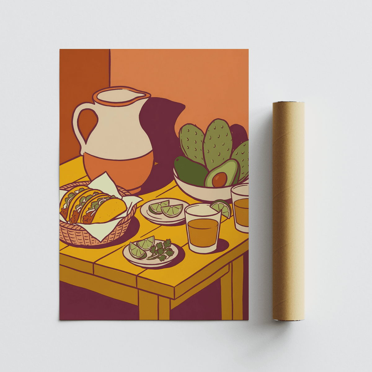 Art print of tacos with Orange background and Green garnish for kitchen