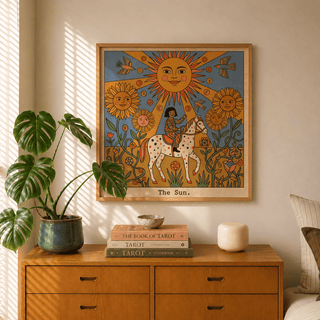 Close-up of The Sun Tarot Card Art print with central sun face and radiating beams