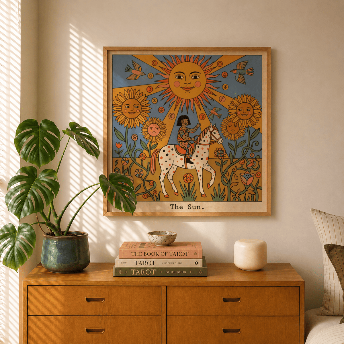 Close-up of The Sun Tarot Card Art print with central sun face and radiating beams
