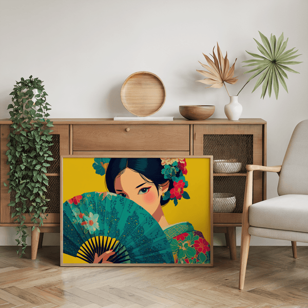 Japanese Geisha Wall Art, main colors yellow and green for reading nook wall art