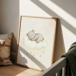 Watercolor nursery wall art showing bear resting on a cloud with dangling star garland