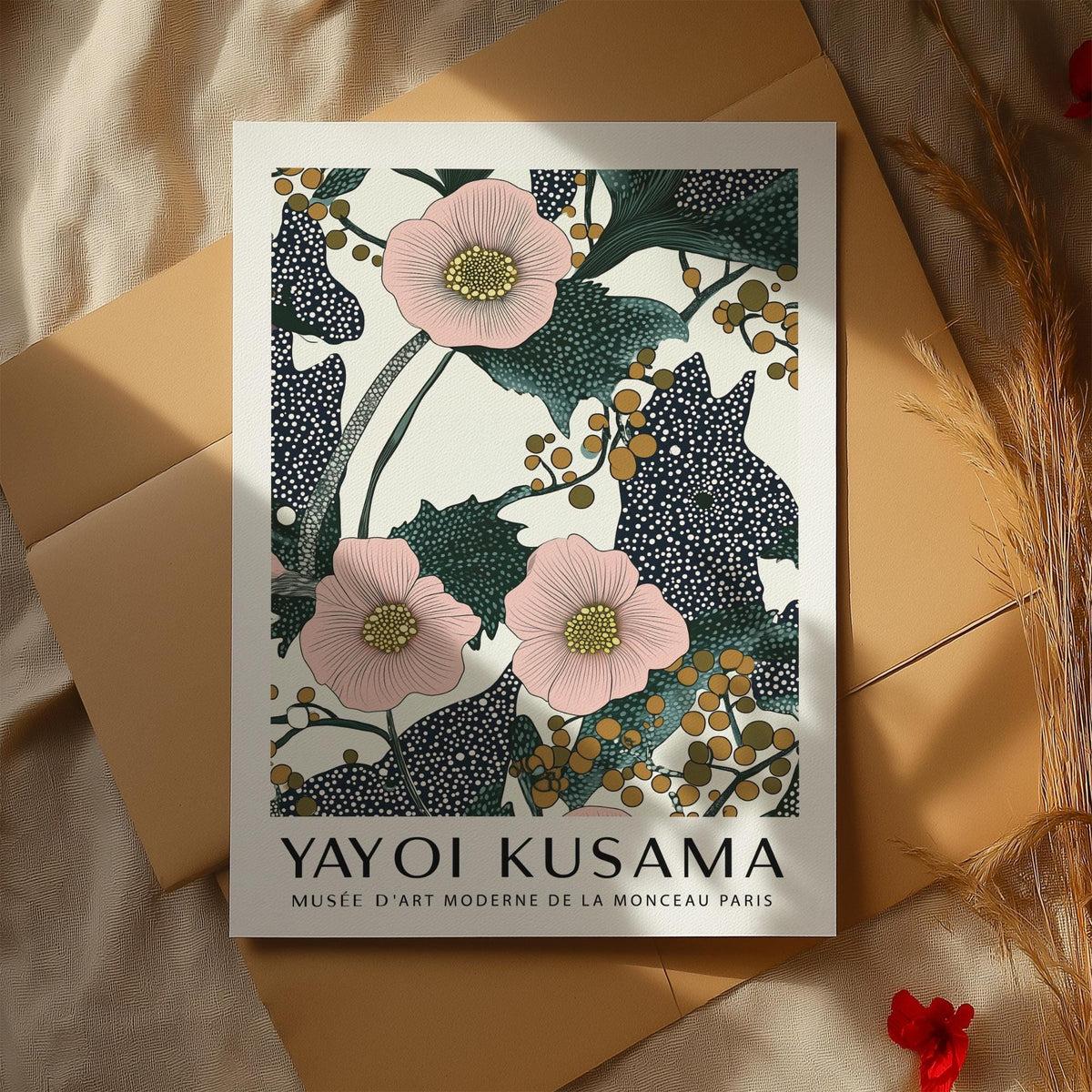 Blush flower print for bedroom featuring dotted green leaves and stems