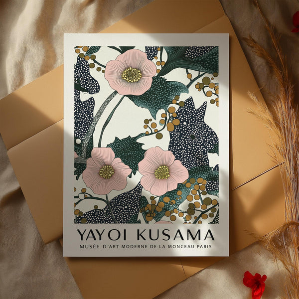 Blush flower print for bedroom featuring dotted green leaves and stems