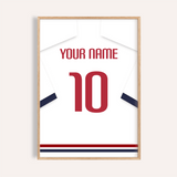Custom Football Shirt – White with Navy Sleeves and Red Number — wooden-frame main image