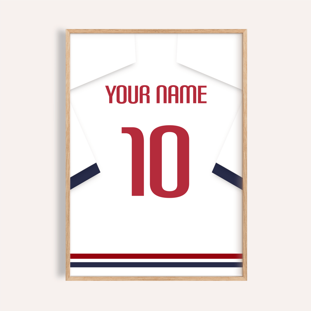 Football Shirt Poster in White with Navy Sleeves and Red Number