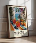 Negroni cocktail on striped table in Italian Drink Posters with Amalfi Coast background.