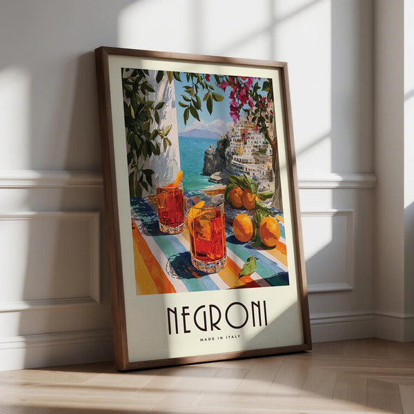Negroni cocktail on striped table in Italian Drink Posters with Amalfi Coast background.