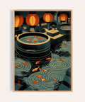 Foreground koi swimming in circular pools wall art print with lanterns overhead