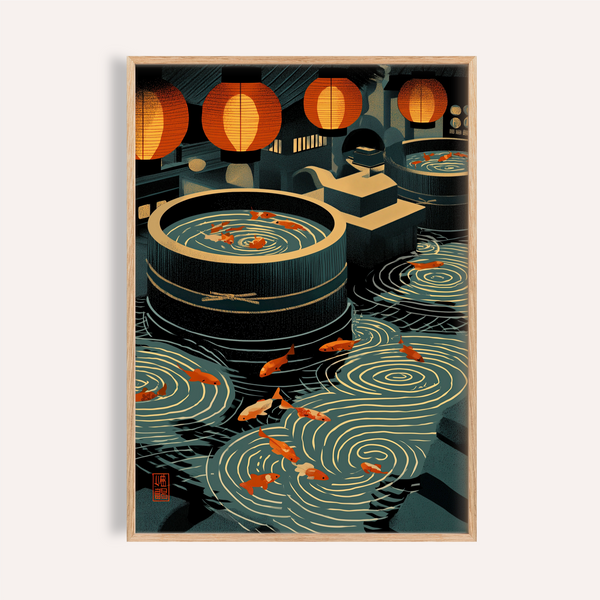 Foreground koi swimming in circular pools wall art print with lanterns overhead