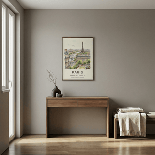 Wide composition of Paris Cityscape Art Print with landmark right of center and open sky