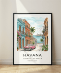 Vintage car city poster with colorful buildings, ocean at the end of the street, and birds