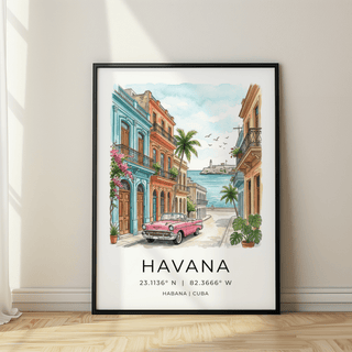 Vintage car city poster with colorful buildings, ocean at the end of the street, and birds