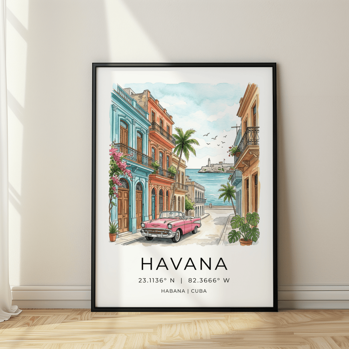 Vintage car city poster with colorful buildings, ocean at the end of the street, and birds
