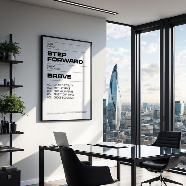 Modern typography art print featuring “Step Forward” and “Brave.”