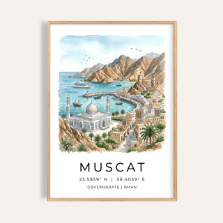 Muscat Art Print watercolor harbor with domed mosque and anchored boats