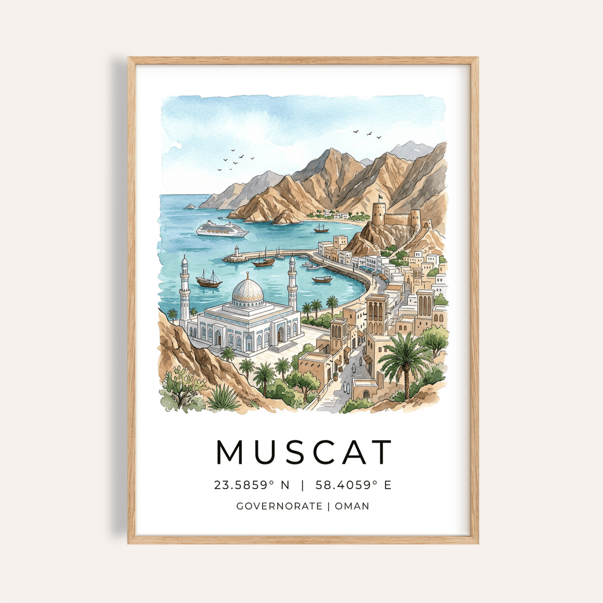 Muscat Art Print watercolor harbor with domed mosque and anchored boats