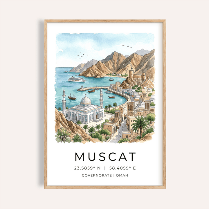 Muscat Art Print watercolor harbor with domed mosque and anchored boats
