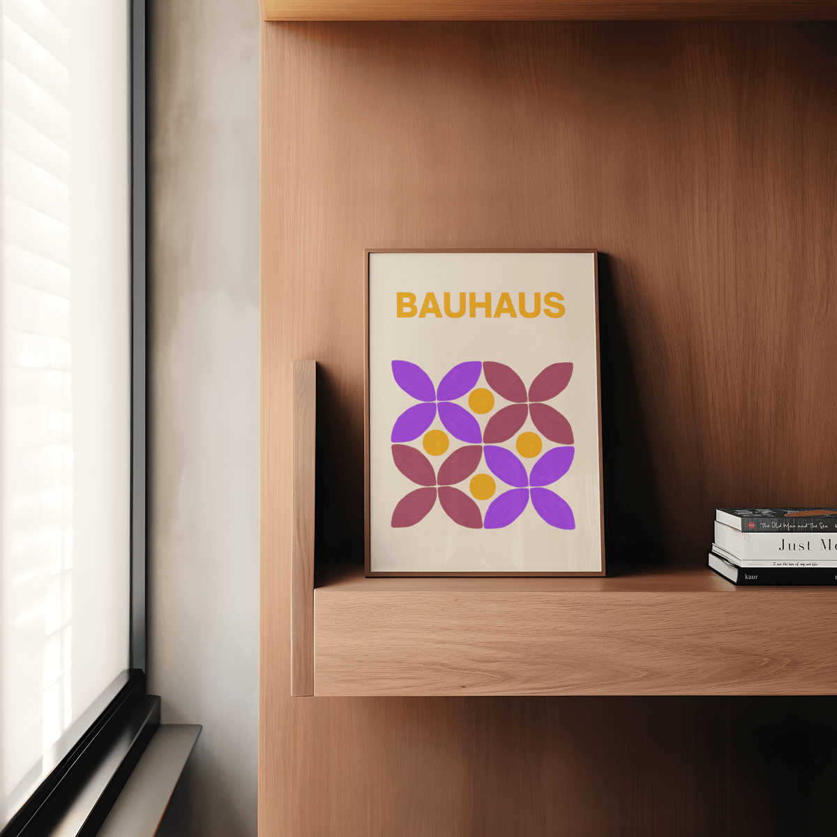 Modern Floral Shape Art featuring Brown, Purple, Yellow for hallway wall art