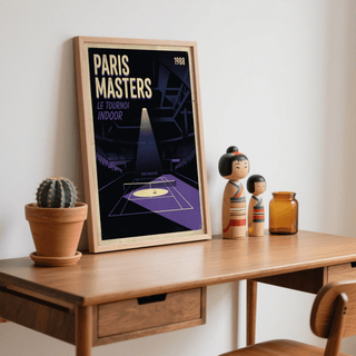 Classic tennis event poster wall art with big PARIS MASTERS typography and center court focus