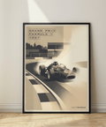 Vintage motorsport wall art print showing a Formula-style race car and grandstand blocks