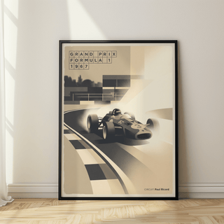Vintage motorsport wall art print showing a Formula-style race car and grandstand blocks