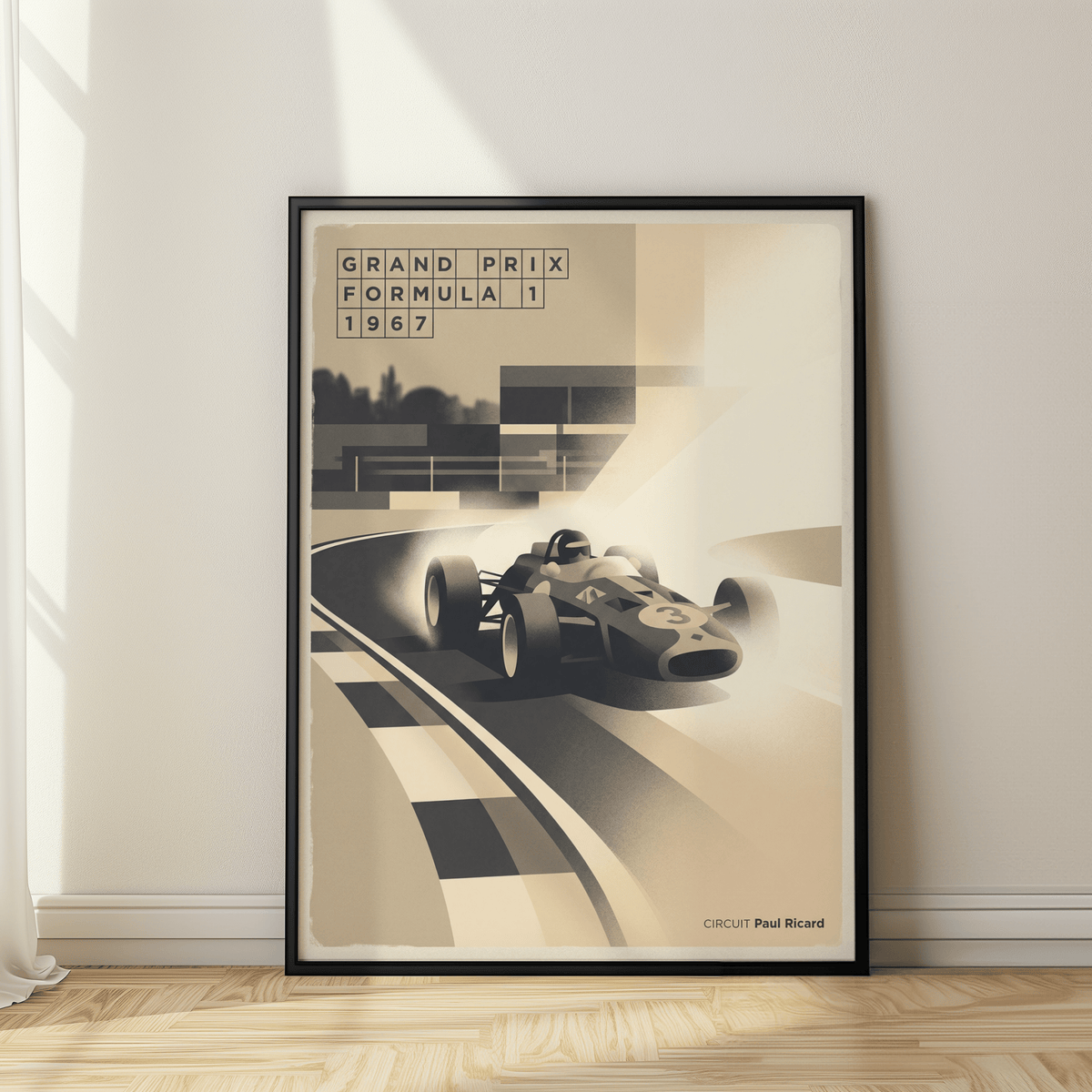 Vintage motorsport wall art print showing a Formula-style race car and grandstand blocks