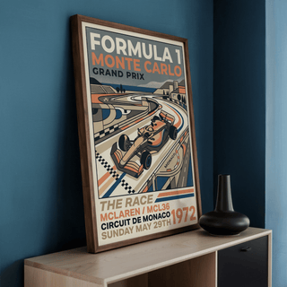 Angled scene of Mont Carlo Racing Poster print featuring curved roadway bands and distant buildings