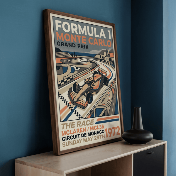 Angled scene of Mont Carlo Racing Poster print featuring curved roadway bands and distant buildings