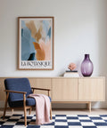 Blue pink wall art poster with fine line botanical details