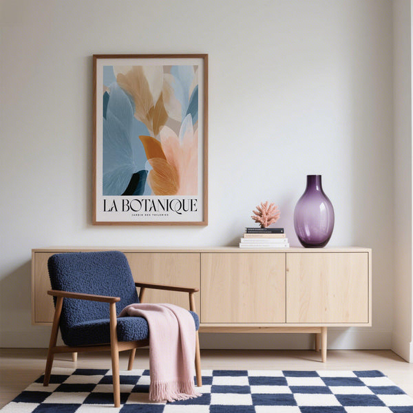 Blue pink wall art poster with fine line botanical details