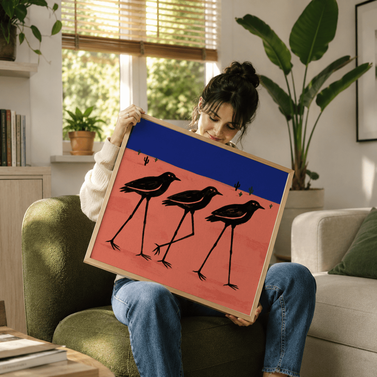 Minimal desert scene poster with pink ground, blue sky, and three tall birds