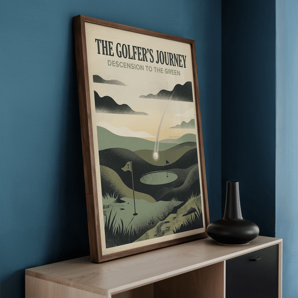 Graphic wall art print of a golf green and pin set within layered hills and sky
