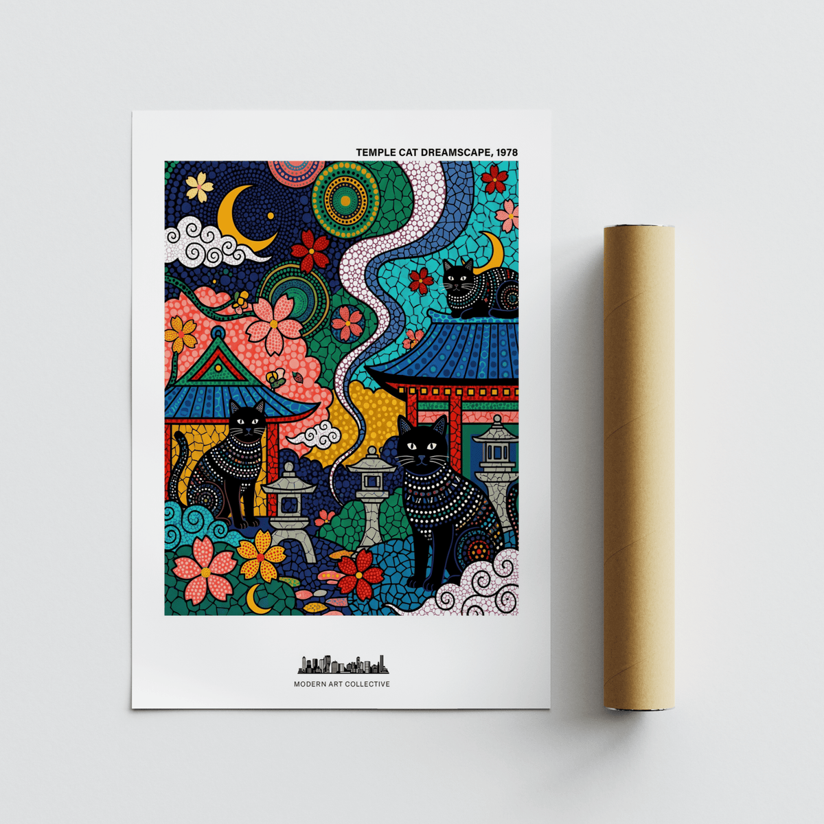 Colorful temple rooftop wall art print with black cats, flowers, clouds, and crescent moons