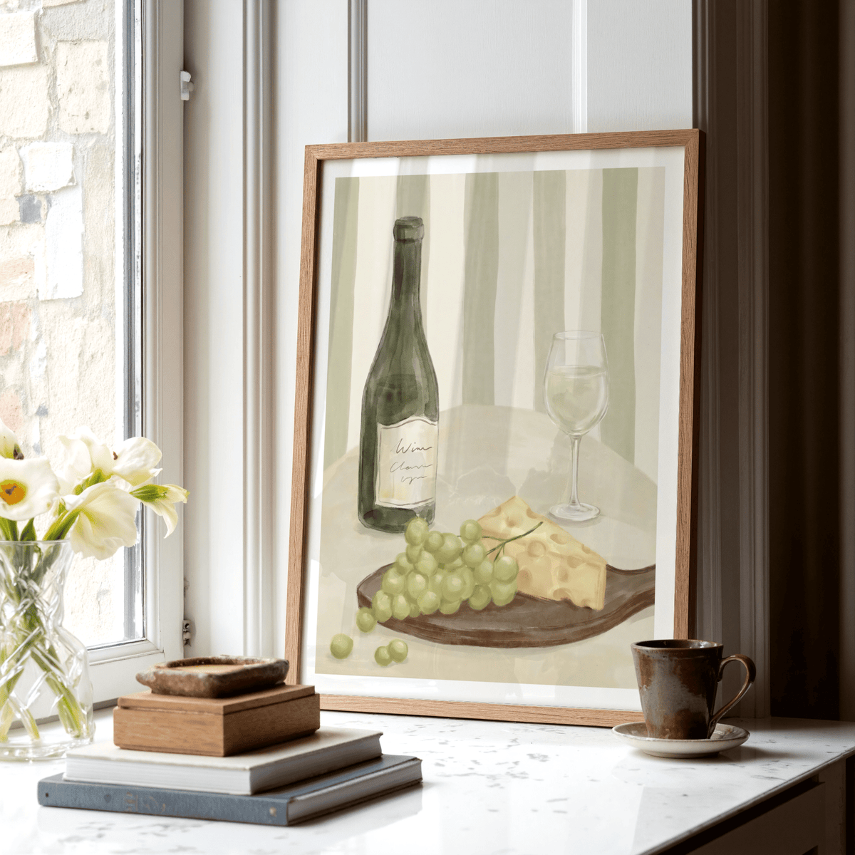 Elegant Dining Room Print, Green and White tones, ideal for classic dining spaces