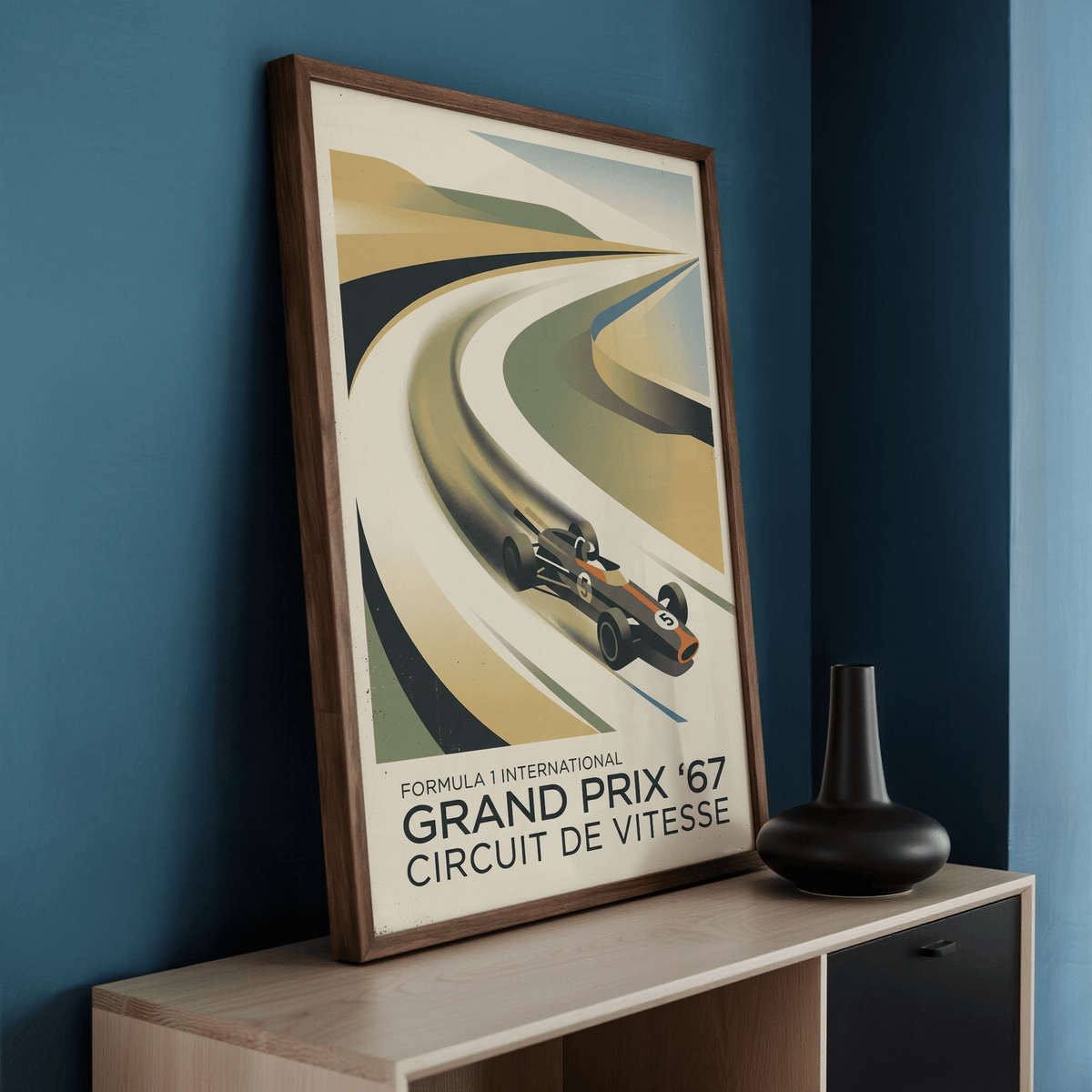 Minimal retro racing artwork showing curved circuit leading toward horizon