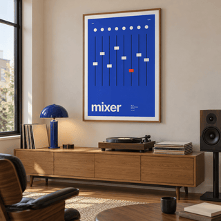 Swiss style studio mixer print in a mid century listening room