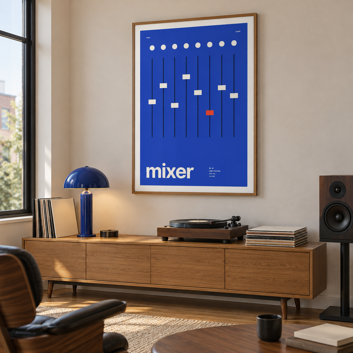 Swiss style studio mixer print in a mid century listening room