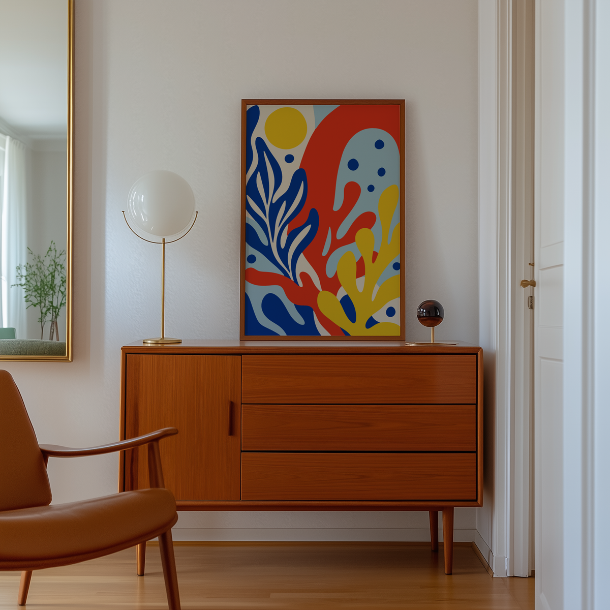 Cut paper coral under a yellow sun above a mid century sideboard in a hallway