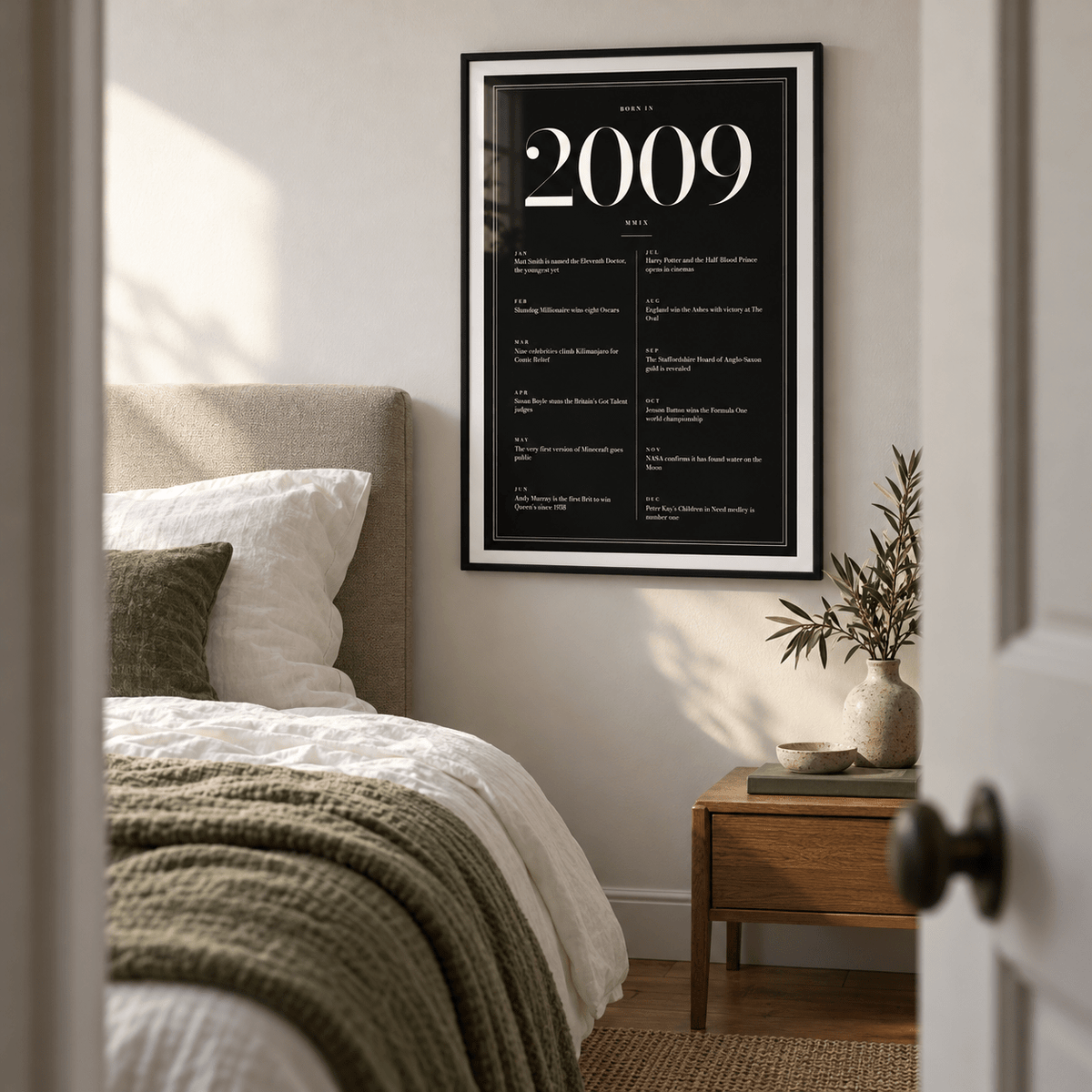 Elegant 2009 print with twelve monthly moments in a bright home interior