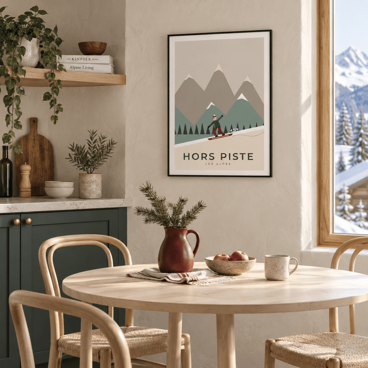 Les Alpes snowboard print in a dining nook at Christmas